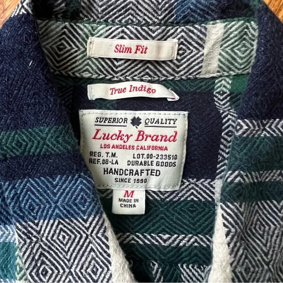 Lucky Brand Button Up Flannel Shirt Mens Size Medium Green Blue Plaid Slim Fit - Picture 3 of 5